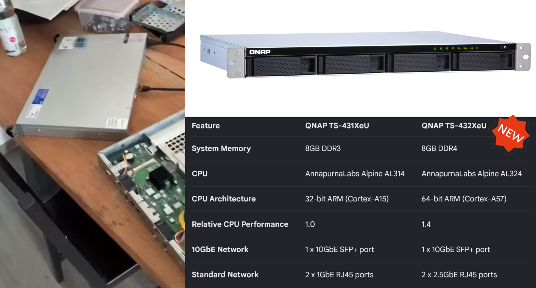 The opened TS-431XeU beside the TS-432XeU and a comparison of their installed memory, CPU architecture, and network ports