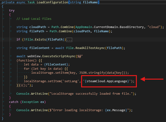 C#/JS Interop Code Excerpt Language Setting via Steam and WebView2 WPF