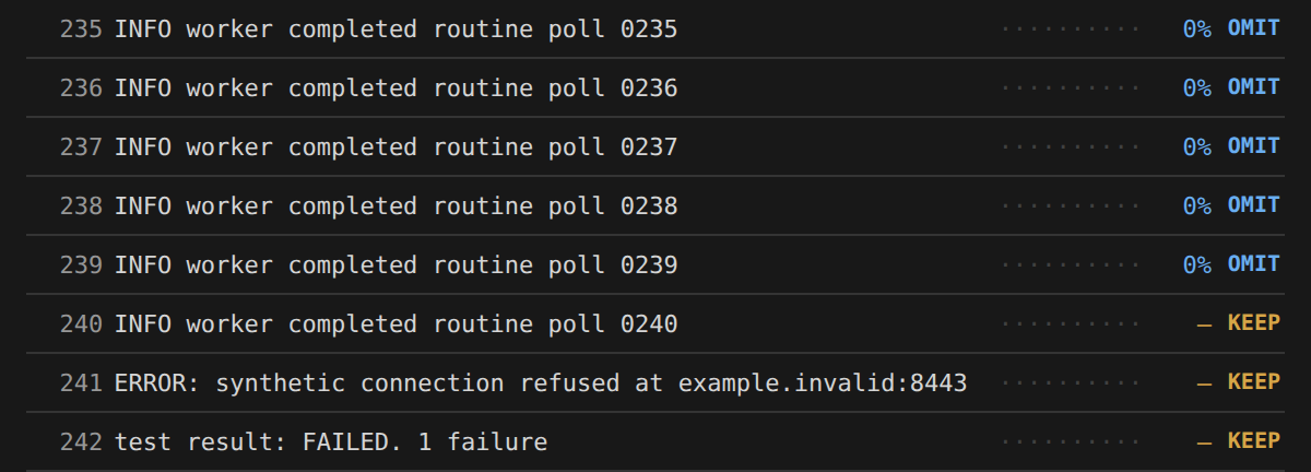 Decision panel showing routine log lines selected for removal while the connection error and failed test result are kept in a synthetic test run