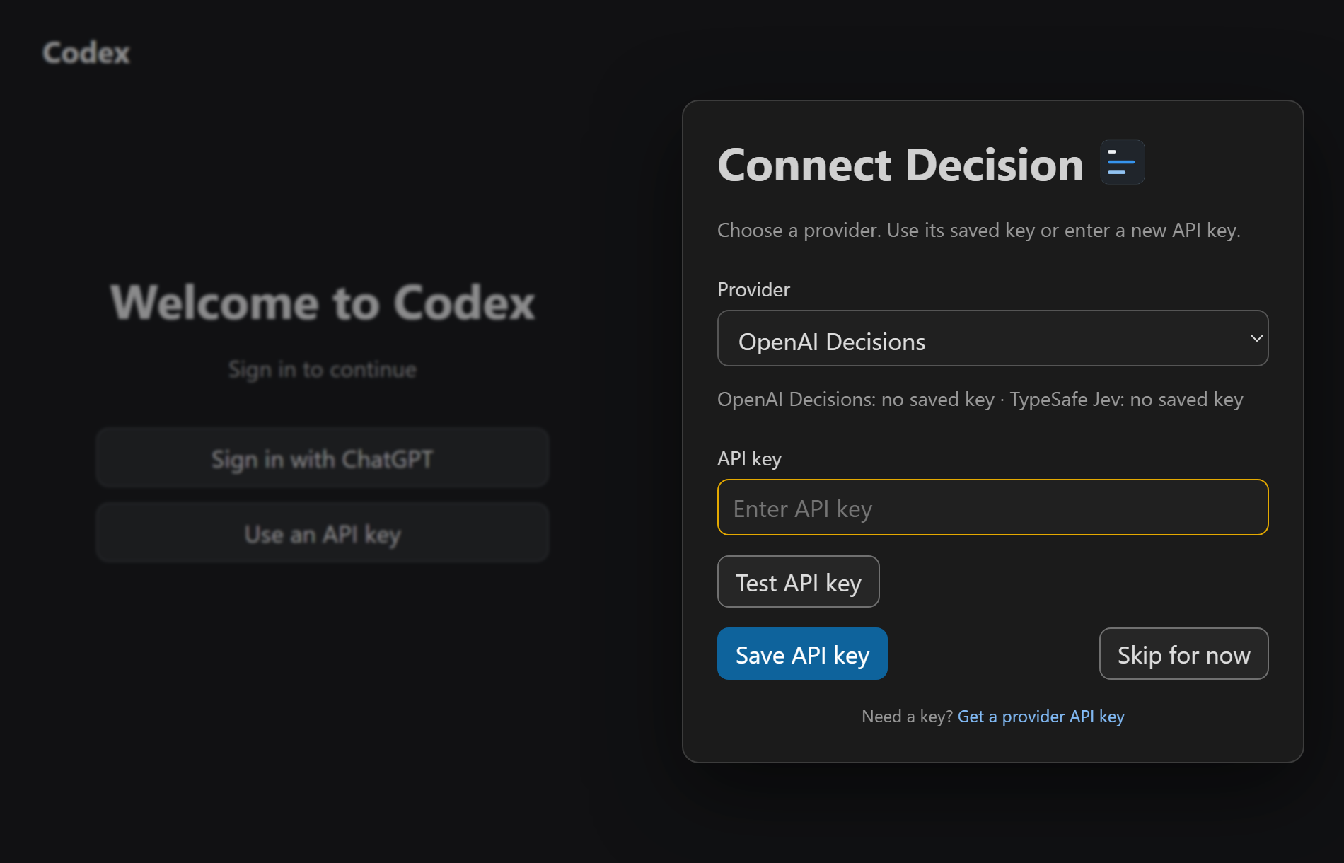 Current Codex welcome screen beside Connect Decision, showing provider selection, an empty API key field, and test and save controls