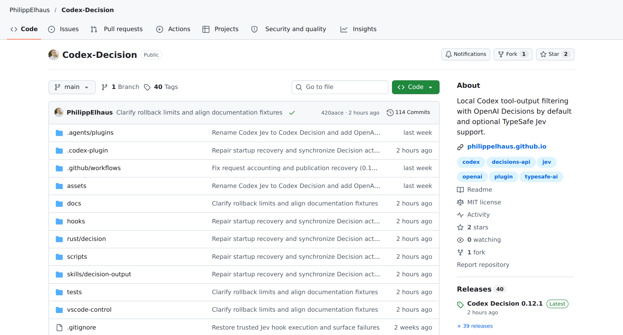 Codex Decision public GitHub repository showing the project files and latest packaged release in the Releases sidebar