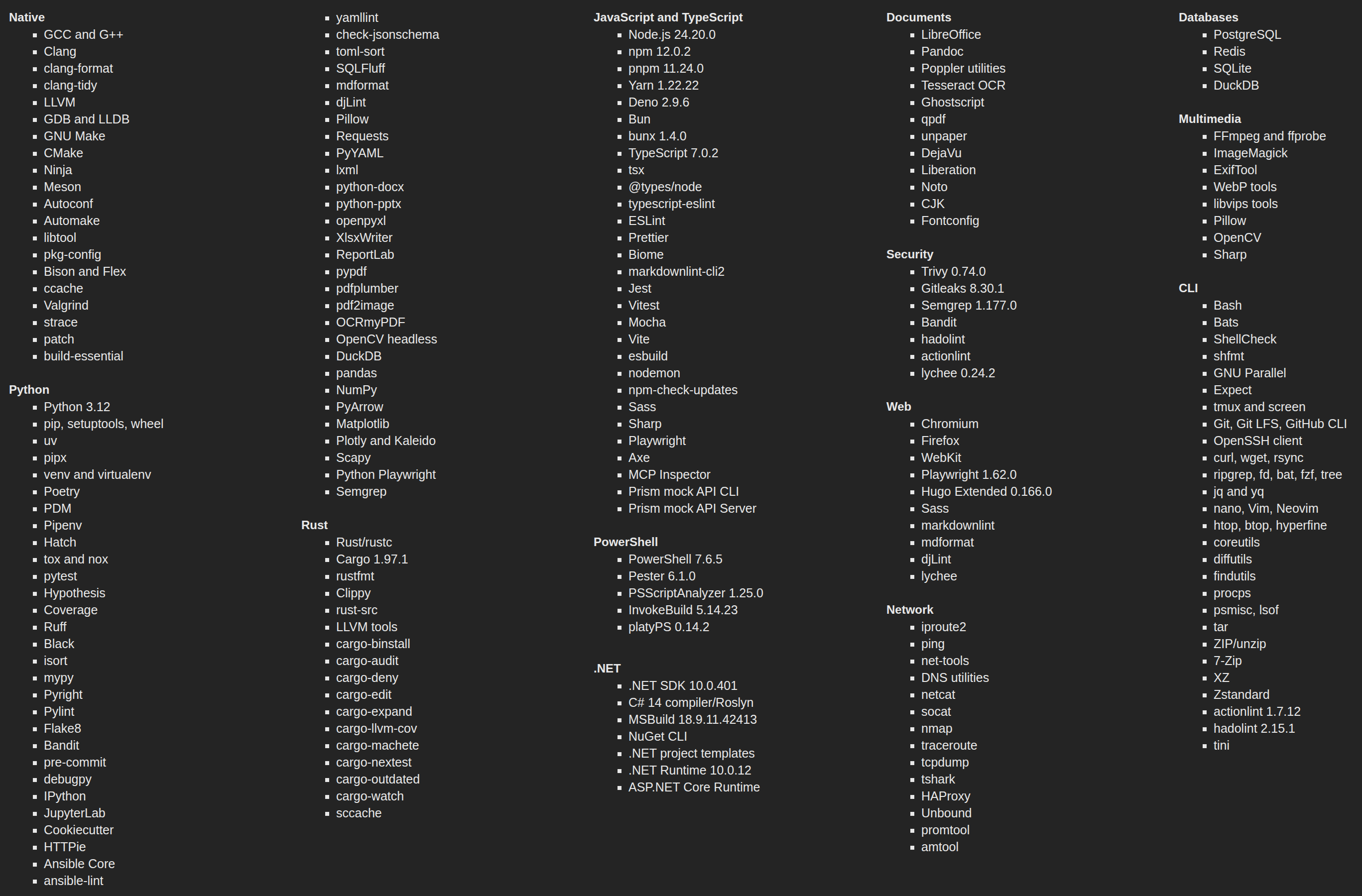 Lab-Control image inventory listing its native, Python, JavaScript and TypeScript, PowerShell, Rust, .NET, CLI, web, media, security, network, and database tools