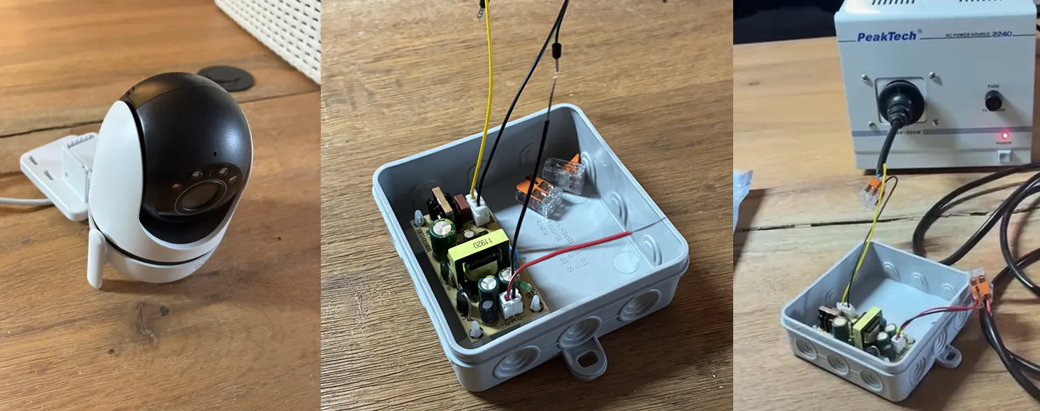 Tapo camera and custom 230 V to 9 V power module tested inside an IP54 Aufputzbox
