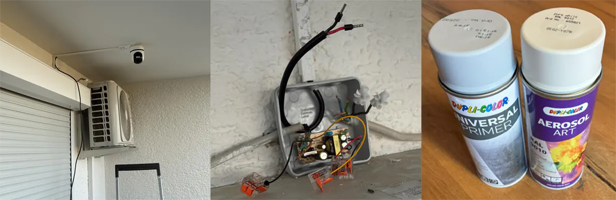 Installed outdoor camera with cable channel and power conversion box wiring