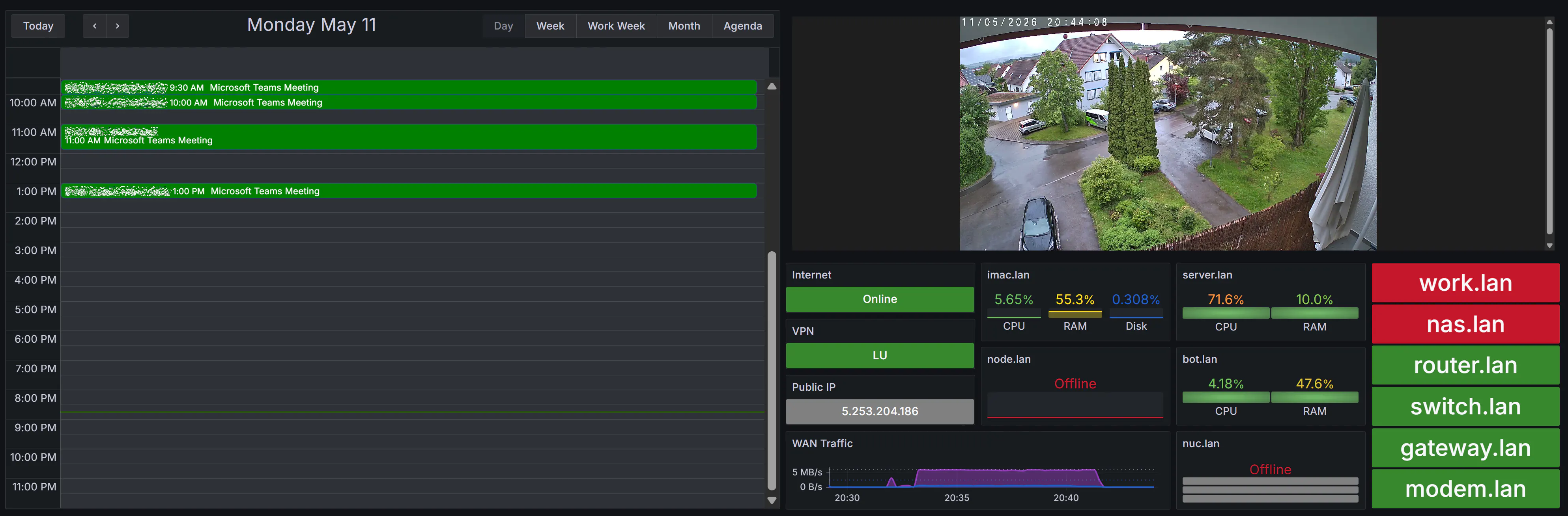 Wide Grafana dashboard combining calendar events, live camera feed, and monitoring status panels