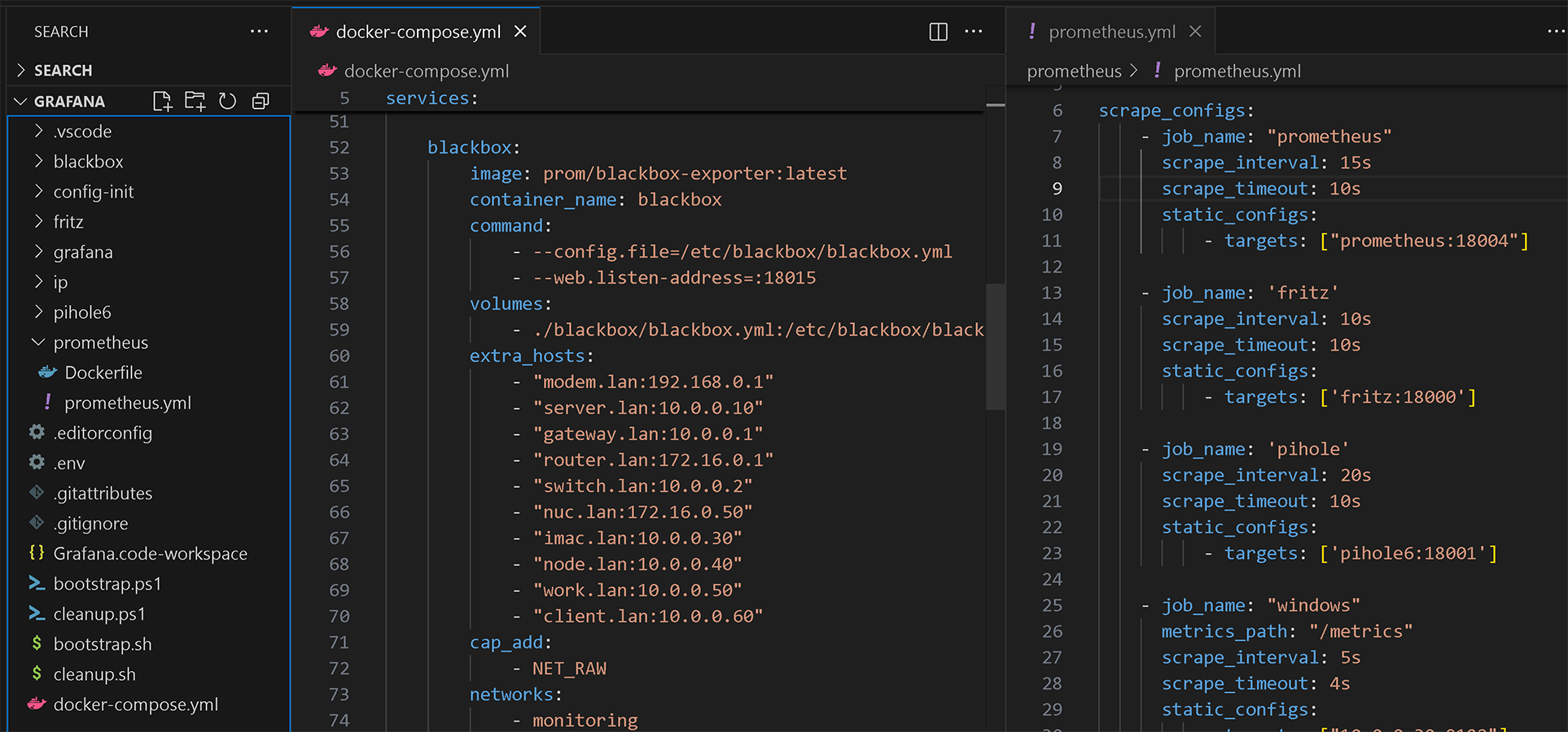 Prometheus and Docker Compose configuration in VSCode showing exporter setup