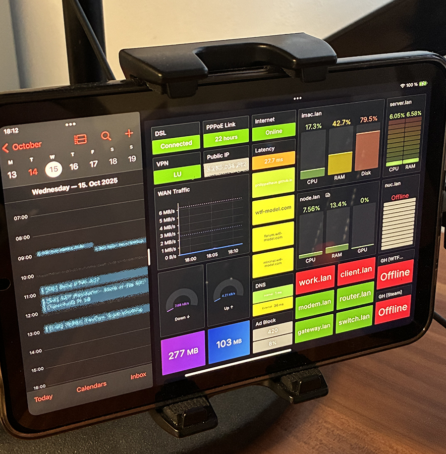 Grafana dashboard displayed on iPad mini beside workstation for real-time monitoring