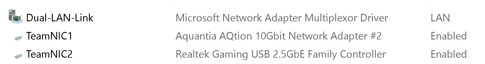 Network Connections NIC Teaming Device Listing
