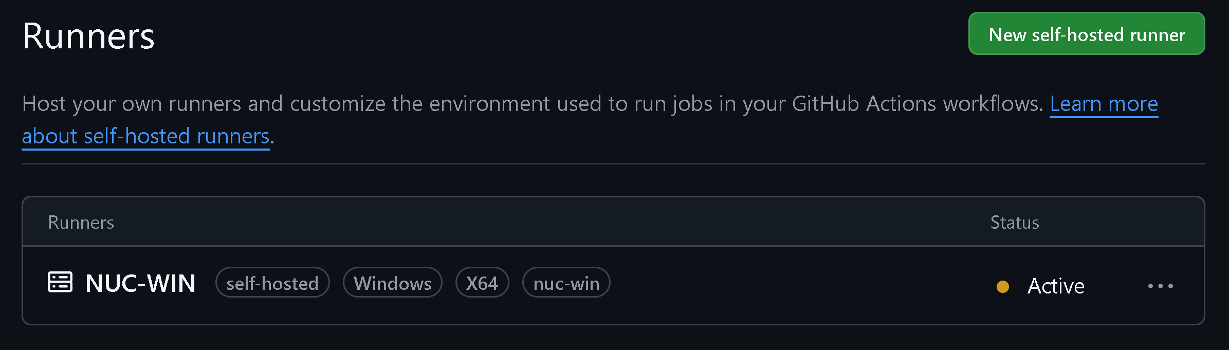 NUC registered in GitHub as Runner