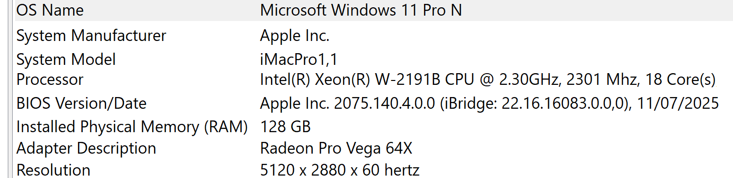 iMac Pro 18 Core Stats Win11