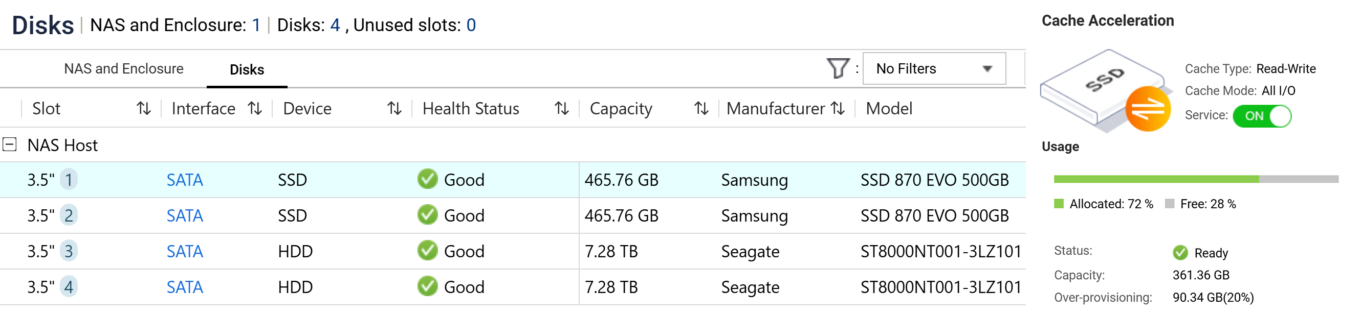 NAS Disk Overview & SSD Cache Status
