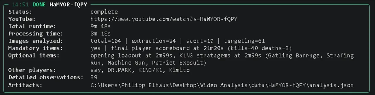 Local CLI report summary for the video analysis pipeline