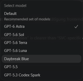 Codex model selector showing Daybreak Blue as an available option